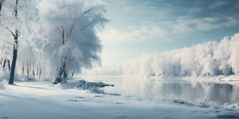 Winter forest and a river in the snow. Snow covered landscape in the winter.
