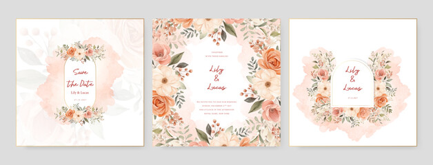 Orange and beige rose and poppy wedding invitation card template with flower and floral watercolor texture vector