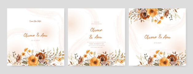 Orange and brown poppy wedding invitation card template with flower and floral watercolor texture vector