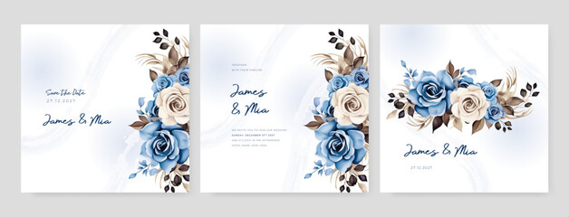 Fototapeta na wymiar White and blue rose beautiful wedding invitation card template set with flowers and floral