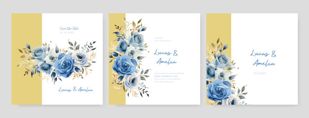 Fototapeta na wymiar Blue rose floral wedding invitation card template set with flowers frame decoration