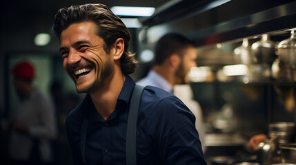Obraz premium A candid photo of a man laughing in te kitchen