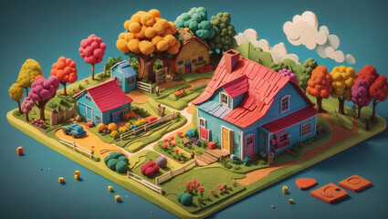 3d Cartoon colored farm house