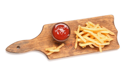 Board with tasty french fries and bowl of ketchup isolated on white background