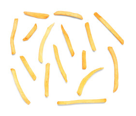 Many tasty french fries isolated on white background