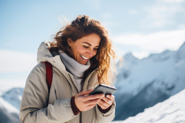 Happy young woman using mobile phone on the snow covered mountains in winter - obrazy, fototapety, plakaty