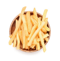 Wooden bowl with tasty french fries isolated on white background