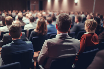  Rear view of unrecognized participants in audience.Audience attentively listening at a formal business seminar or conference.