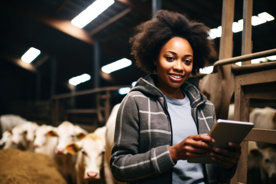 Young African American Female Farmer Using Digital Tablet In Cowshed