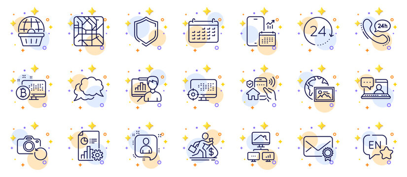 Outline set of Phone calendar, Shield and Friends chat line icons for web app. Include 24h service, Recovery photo, Presentation board pictogram icons. Work home, Web photo, 24 hours signs. Vector