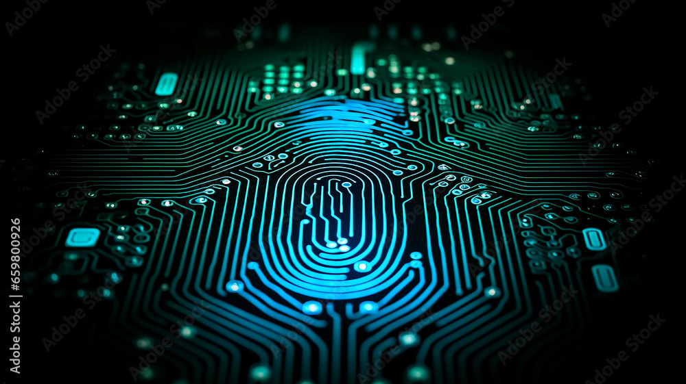 Wall mural fingerprint detector, sensor pattern of papillary lines on a computer chip, fictional graphics