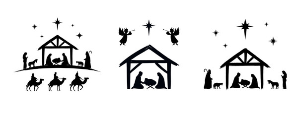 Set of holy Christmas scene, christian Nativity silhouettes. Joseph, Mary and Jesus in manger. The birth of Christ, Holy night vector illustration
