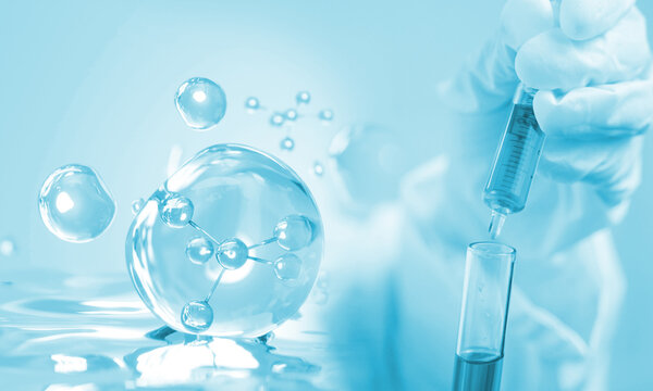 Skin care cosmetics solution. Molecule inside Liquid Bubble on water background, 3d illustration
