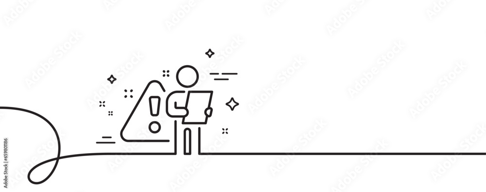 Poster search employee line icon. continuous one line with curl. interview warning sign. caution alert symb