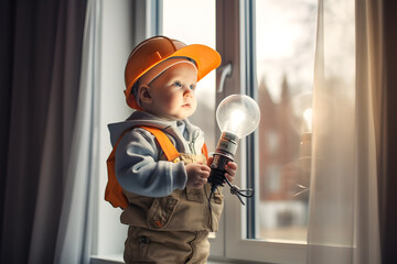  a cute little boy embraces the role of an electrician with enthusiasm. 