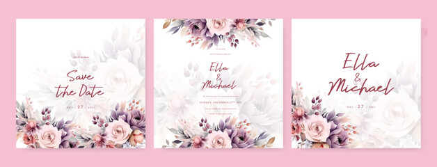 Fototapeta na wymiar Pink and purple violet peony and rose set of wedding invitation template with shapes and flower floral border