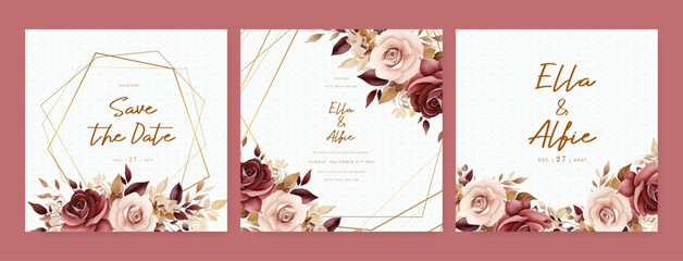 Red and beige rose luxury wedding invitation with golden line art flower and botanical leaves, shapes, watercolor