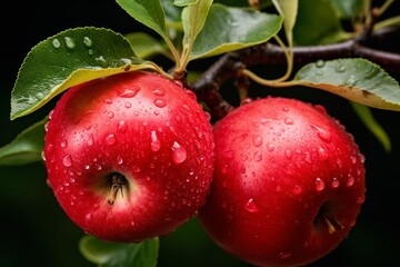 Two Juicy Ripe Apples with Dew Drops on Branch Amidst Green Foliage