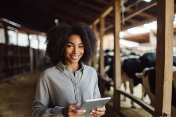 Smiling woman with tablet stands in barn with cows - Powered by Adobe
