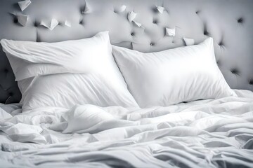 Fototapeta na wymiar White bedding sheets and pillow background, Messy bed concept.