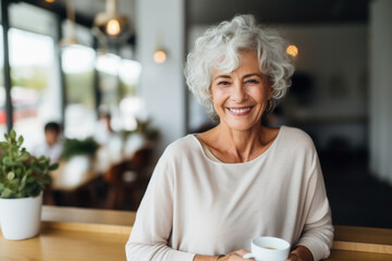 Portrait of smiling senior woman holding cup of coffee while sitting in cafe - obrazy, fototapety, plakaty