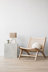 View of modern scandinavian style interior with chair and trendy vase, Home staging and minimalism...