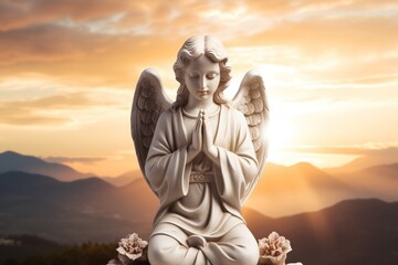 Angel statue with sunrise in the background, religion and spirituality concept.