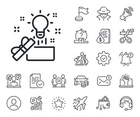 Creativity sign. Salaryman, gender equality and alert bell outline icons. Out of the box line icon. Gift box with idea symbol. Creative idea line sign. Spy or profile placeholder icon. Vector