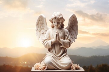 Angel statue with sunrise in the background, religion and spirituality concept.