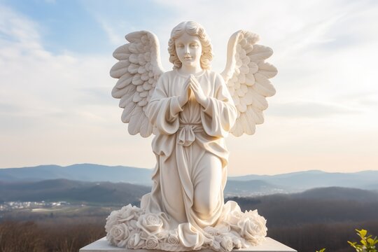Angel statue with sunrise in the background, religion and spirituality concept.