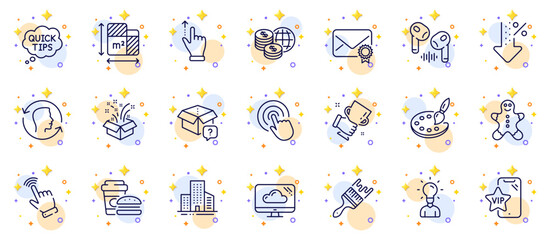 Outline set of World money, Winner cup and Palette line icons for web app. Include Floor plan, Gift, Touchscreen gesture pictogram icons. Cloud storage, Click, Buildings signs. Vector
