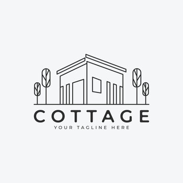 Cottage logo icon simple line art design, village image minimalist illustration design