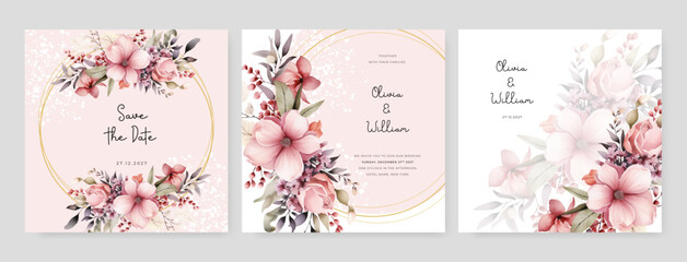 Fototapeta na wymiar Pink sakura modern wedding invitation template with floral and flower