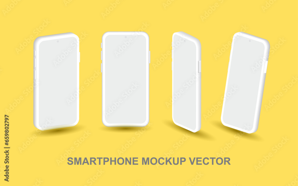 Poster smartphone mock up in different angles isolated vector. 3d perspective view mobile phone mockup with