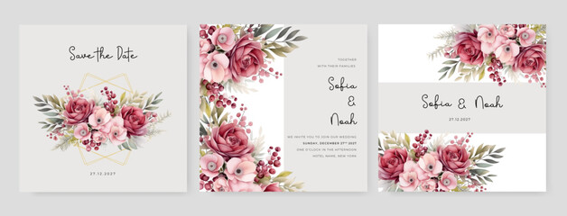 Fototapeta na wymiar Pink and red rose and poppy wedding invitation card template with flower and floral watercolor texture vector