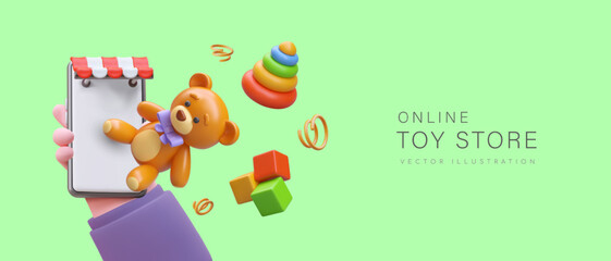 Realistic hand holding smartphone and selecting products in online toy store. 3d teddy bear, educational cubes and pyramid. Online toy store concept. Vector illustration