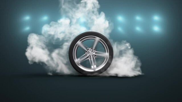 This stock motion graphics of spinning car tire peeling out with swirling clouds of smoke blue light walls.
