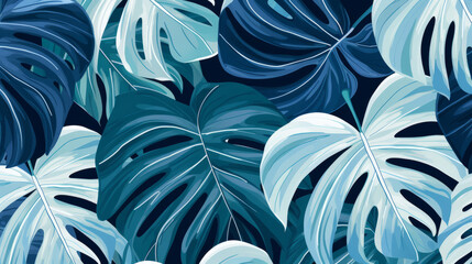 Blue tropical summer plant leaf seamless pattern. Monstera leaves background illustration.