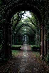 Obraz premium 3d rendering of a fantasy doorway portal framed by green vines leading into a idyllic garden. Generative AI