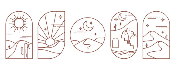 Desert logo with cactus and mountains. Bohemian landscape with sun and moon. Outline minimal illustration with sand valley. Set of abstract vector designs for tourism © Chorna_L