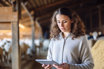 Portrait of young female farmer using digital tablet in cowshed at farm