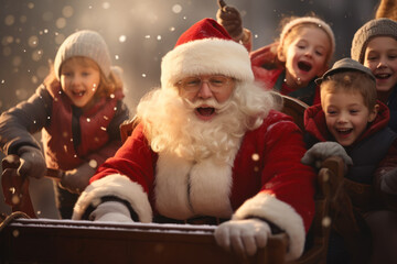 Fototapeta premium Santa Claus having fun with children on sleigh at christmas time
