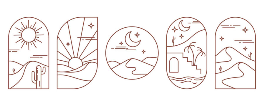 Desert logo with cactus and mountains. Bohemian landscape with sun and moon. Outline minimal illustration with sand valley. Set of abstract vector designs for tourism