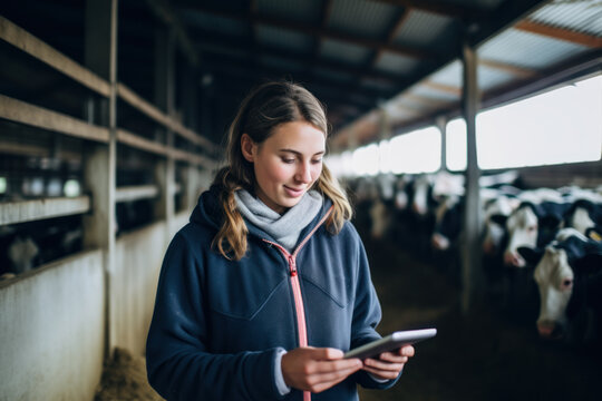 Portrait of a young female farmer using digital tablet in cowshed