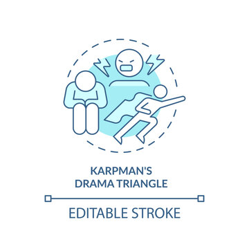 2D editable thin line icon karpman drama triangle concept, monochromatic isolated vector, blue illustration representing codependent relationship.