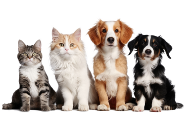 Portrait of Happy dog and cat that looking at the camera together isolated on transparent background, friendship between dog and cat, amazing friendliness of the pets.