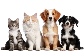 Gartenposter Portrait of Happy dog and cat that looking at the camera together isolated on transparent background, friendship between dog and cat, amazing friendliness of the pets. © TANATPON