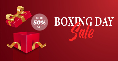 Naklejka premium realistic banner boxing day sale on red background