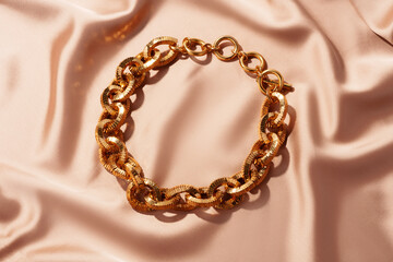 Golden chain necklace on silk background close up