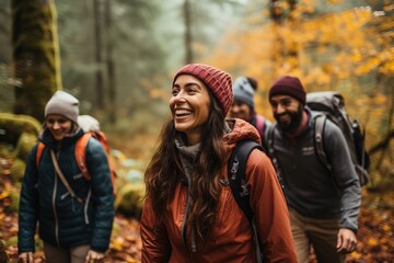 Group of diverse friends enjoying a mindful autumn hike, surrounded by vibrant fall foliage